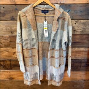 Joseph A. NWT Women's Open-Front Hooded Plaid Cardigan Sweater - Beige/Tan - M